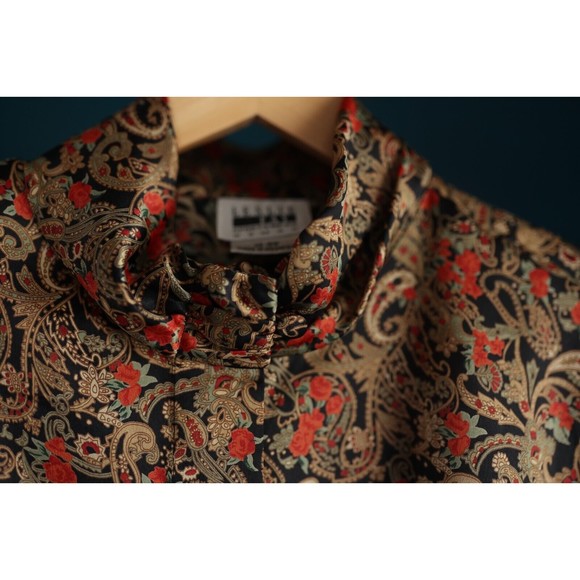 Vintage Leslie Fay printed floral Rose paisley banded collar Silk button up 18W - Picture 3 of 11